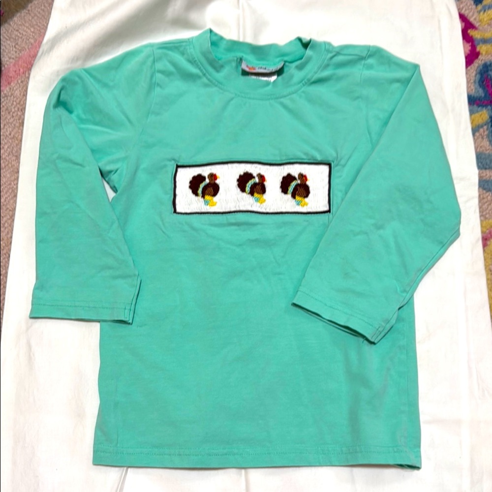 Chick and Chap Mint Green Long Sleeve Tee with Turkey Design Smocking
